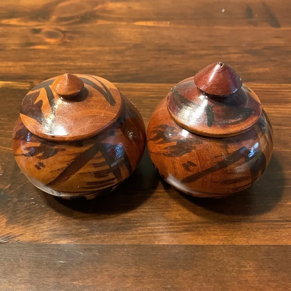 (2) Decorative Hand Carved Turned Wood Bowls with Finial Knob Lids from Haiti